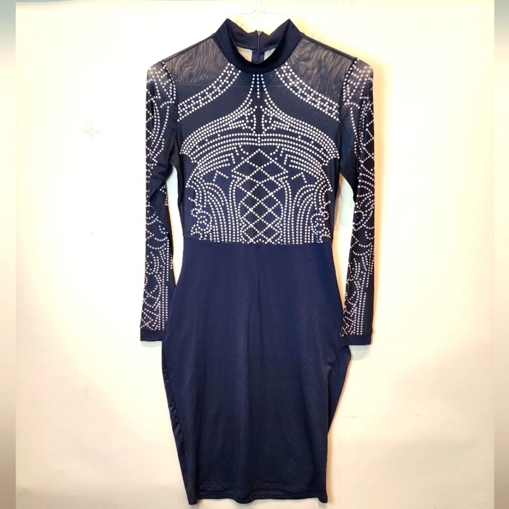 Blue‎ Bodycon Mock Turtleneck Dress Fitted Sheer Back Sexy Dress Size M